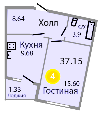 Квартира №193, 1-комнатная, 39.8 м², 2 этаж - планировка, ЖК «Венецианский квартал», дом 1