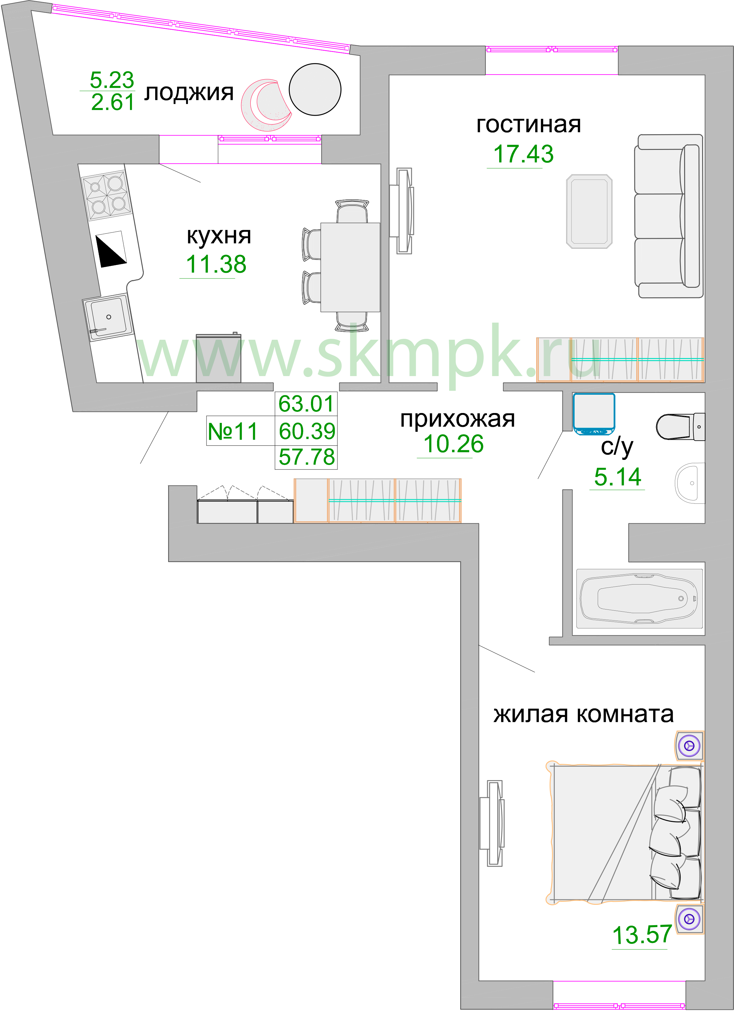 Квартира №200, 2-комнатная, 61.5 м², 4 этаж - планировка, ЖК «Венецианский квартал», дом 1