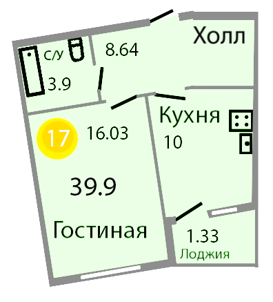 Квартира №206, 1-комнатная, 40.5 м², 5 этаж - планировка, ЖК «Венецианский квартал», дом 1