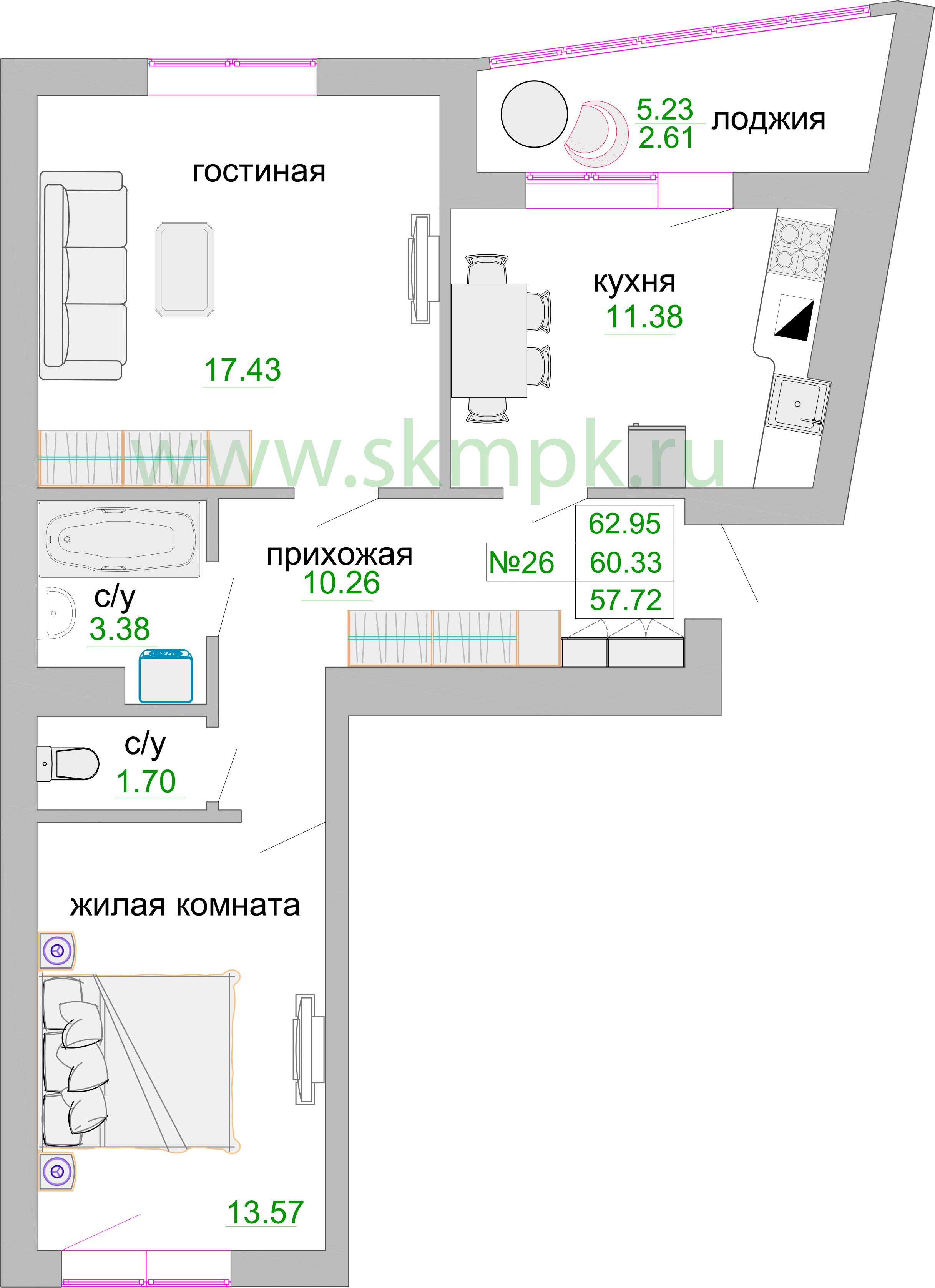 Квартира №215, 2-комнатная, 61.1 м², 7 этаж - планировка, ЖК «Венецианский квартал», дом 1
