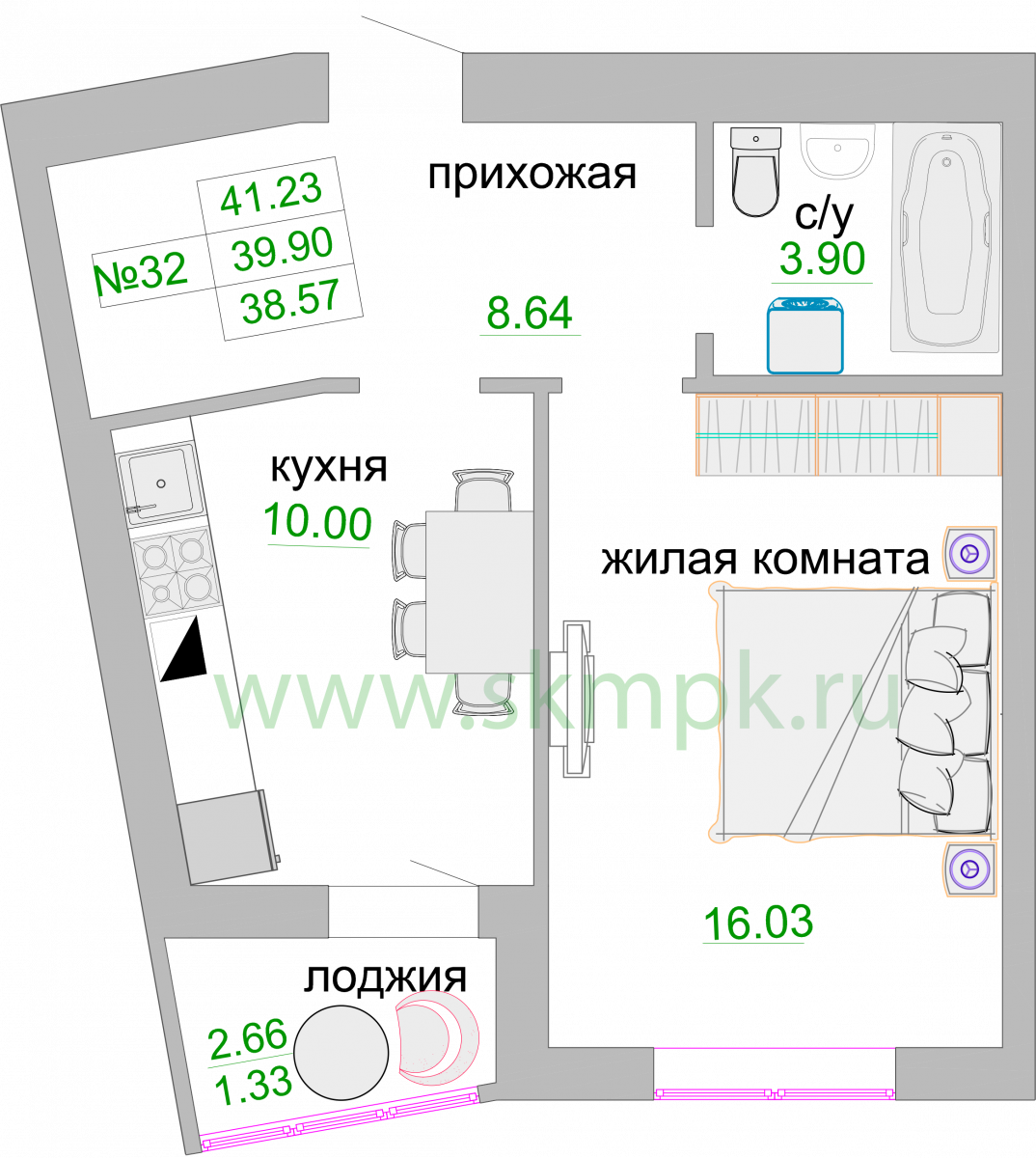 Квартира №221, 1-комнатная, 40.4 м², 9 этаж - планировка, ЖК «Венецианский квартал», дом 1