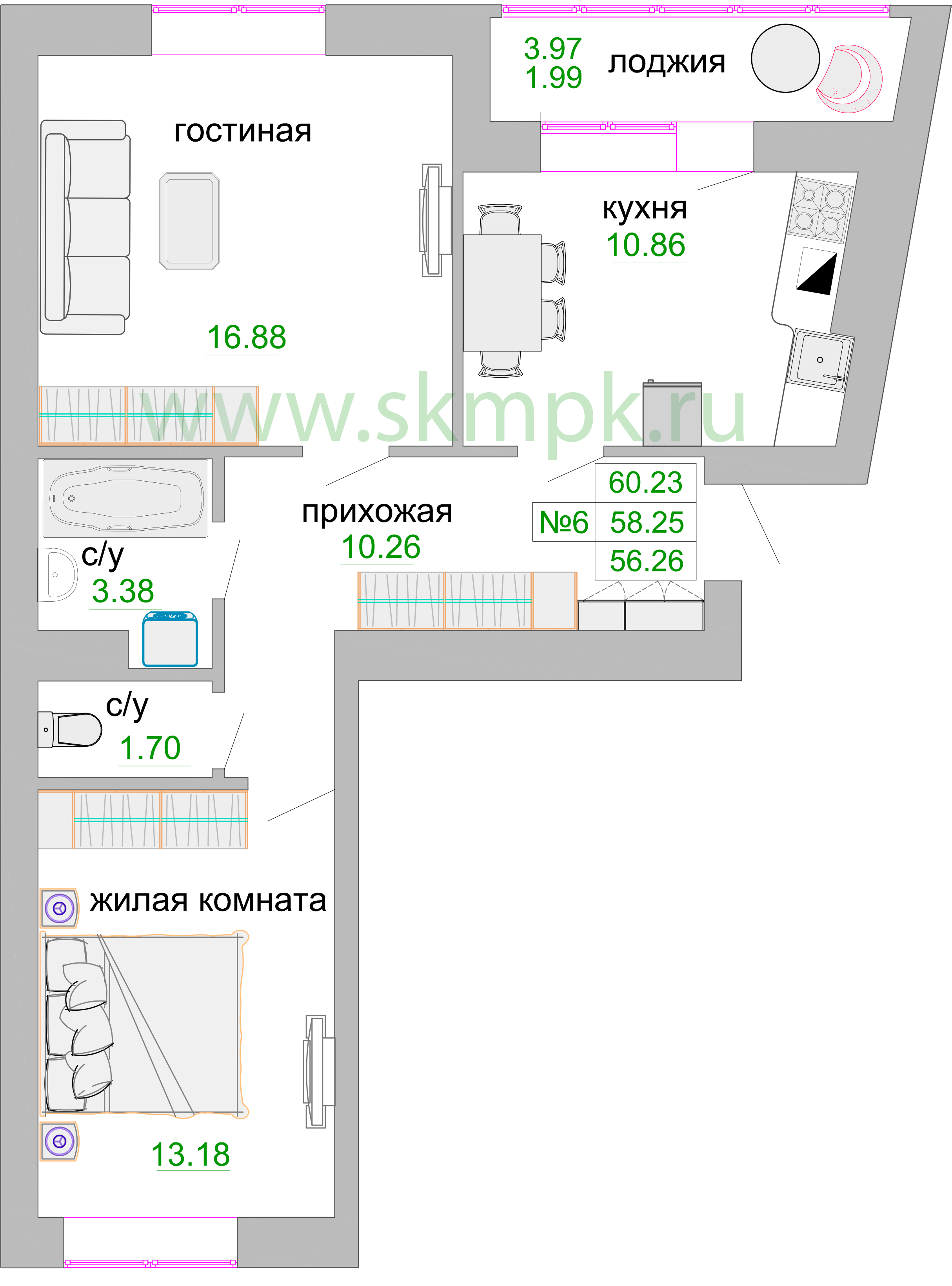 Квартира №229, 2-комнатная, 58.8 м², 2 этаж - планировка, ЖК «Венецианский квартал», дом 1