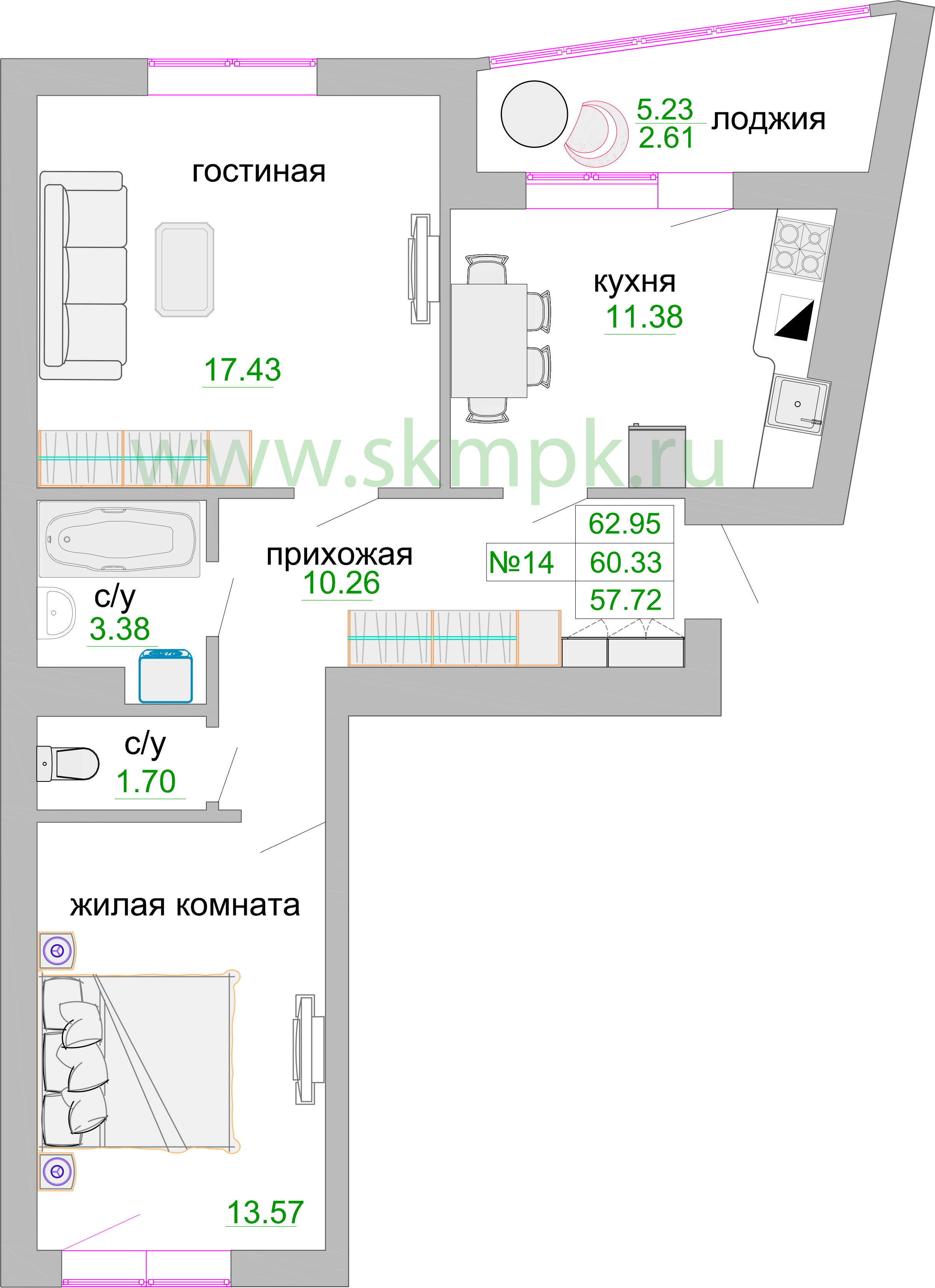 Квартира №237, 2-комнатная, 61.1 м², 4 этаж - планировка, ЖК «Венецианский квартал», дом 1