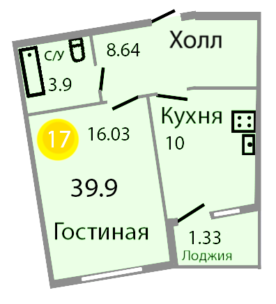 Квартира №240, 1-комнатная, 40 м², 5 этаж - планировка, ЖК «Венецианский квартал», дом 1