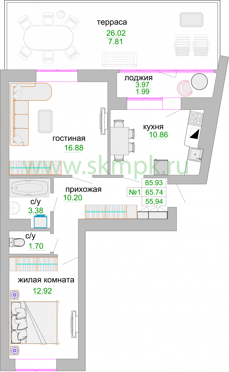 Квартира №258, 2-комнатная, 66.8 м², 1 этаж - планировка, ЖК «Венецианский квартал», дом 1