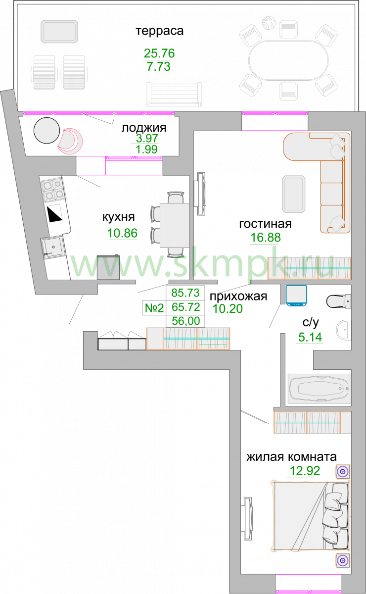 Квартира №259, 2-комнатная, 67 м², 1 этаж - планировка, ЖК «Венецианский квартал», дом 1