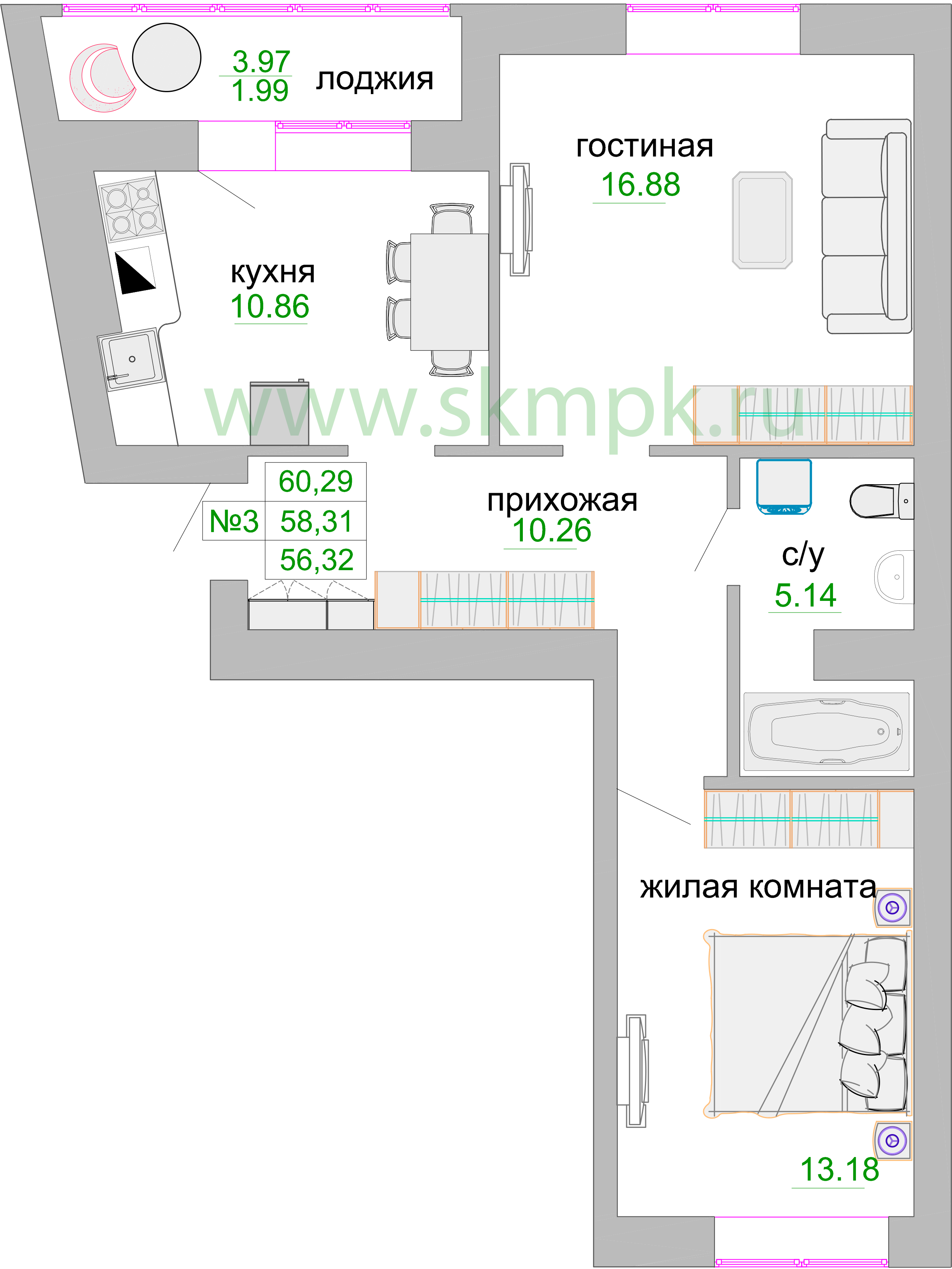 Квартира №260, 2-комнатная, 58.8 м², 2 этаж - планировка, ЖК «Венецианский квартал», дом 1