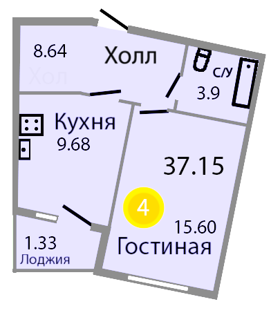 Квартира №261, 1-комнатная, 39.5 м², 2 этаж - планировка, ЖК «Венецианский квартал», дом 1