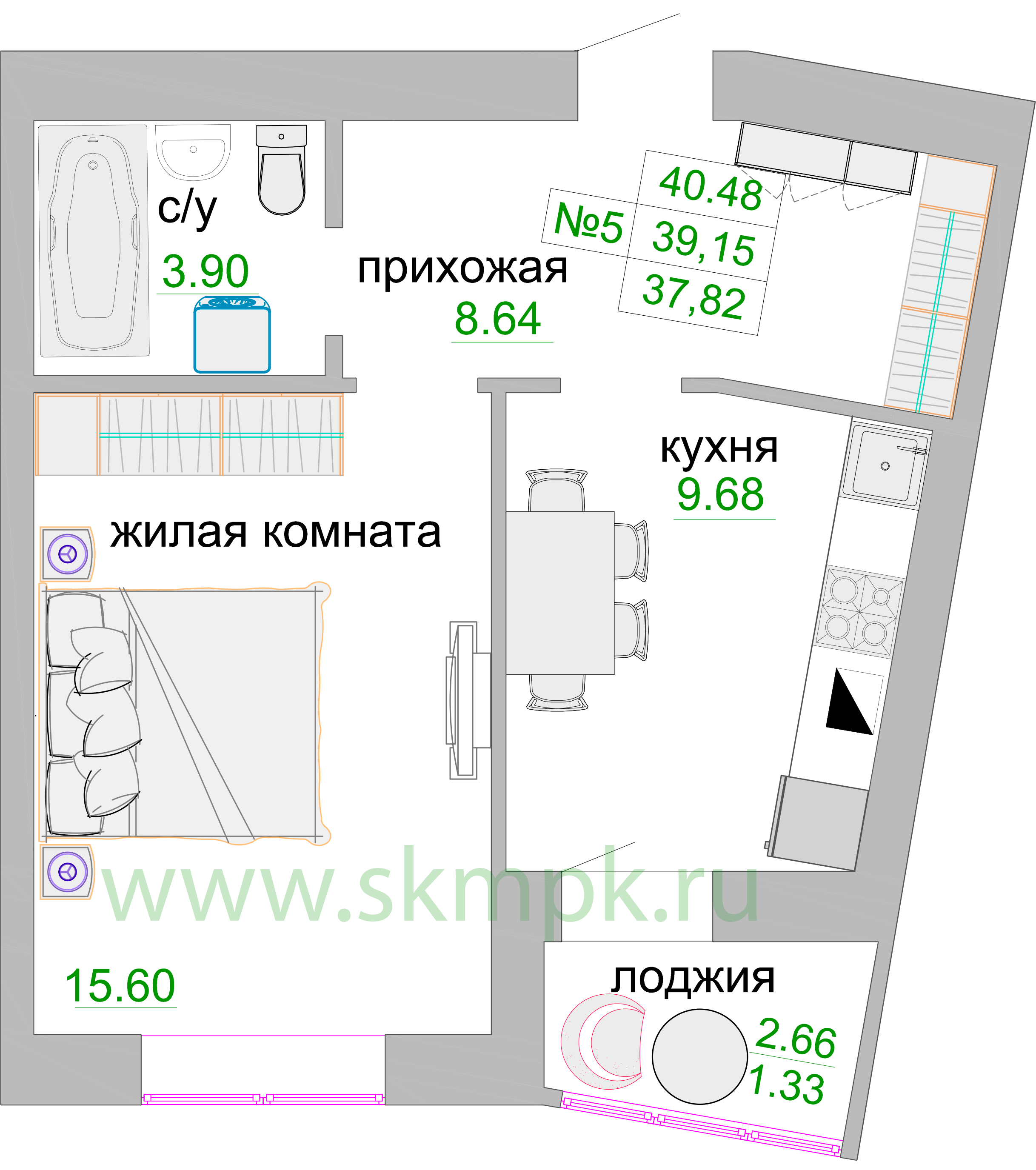 Квартира №262, 1-комнатная, 39.5 м², 2 этаж - планировка, ЖК «Венецианский квартал», дом 1