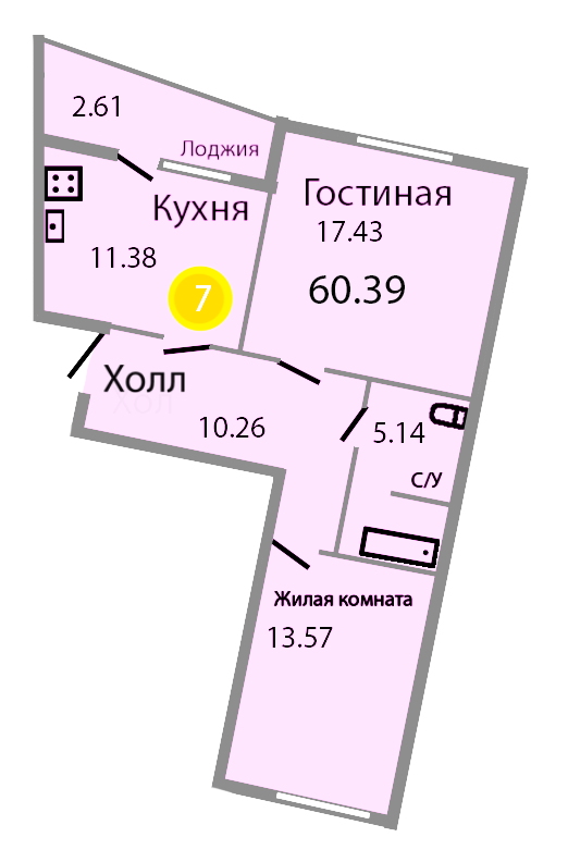 Квартира №264, 2-комнатная, 60.6 м², 3 этаж - планировка, ЖК «Венецианский квартал», дом 1