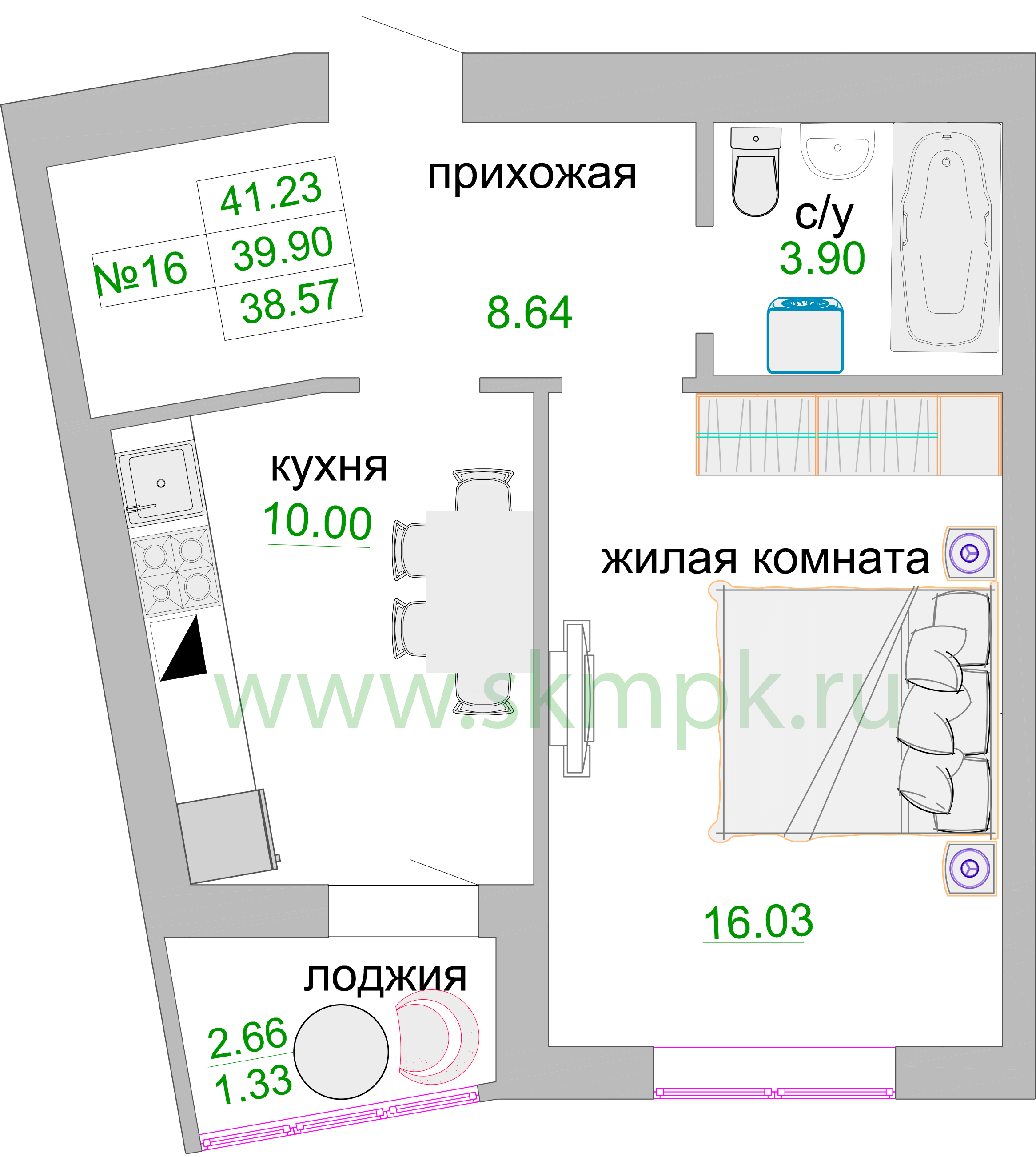 Квартира №273, 1-комнатная, 40.3 м², 5 этаж - планировка, ЖК «Венецианский квартал», дом 1