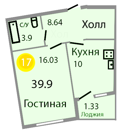 Квартира №274, 1-комнатная, 40.4 м², 5 этаж - планировка, ЖК «Венецианский квартал», дом 1