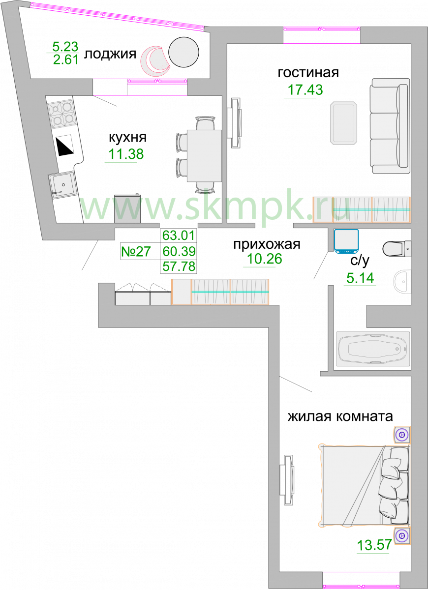 Квартира №284, 2-комнатная, 61.4 м², 8 этаж - планировка, ЖК «Венецианский квартал», дом 1