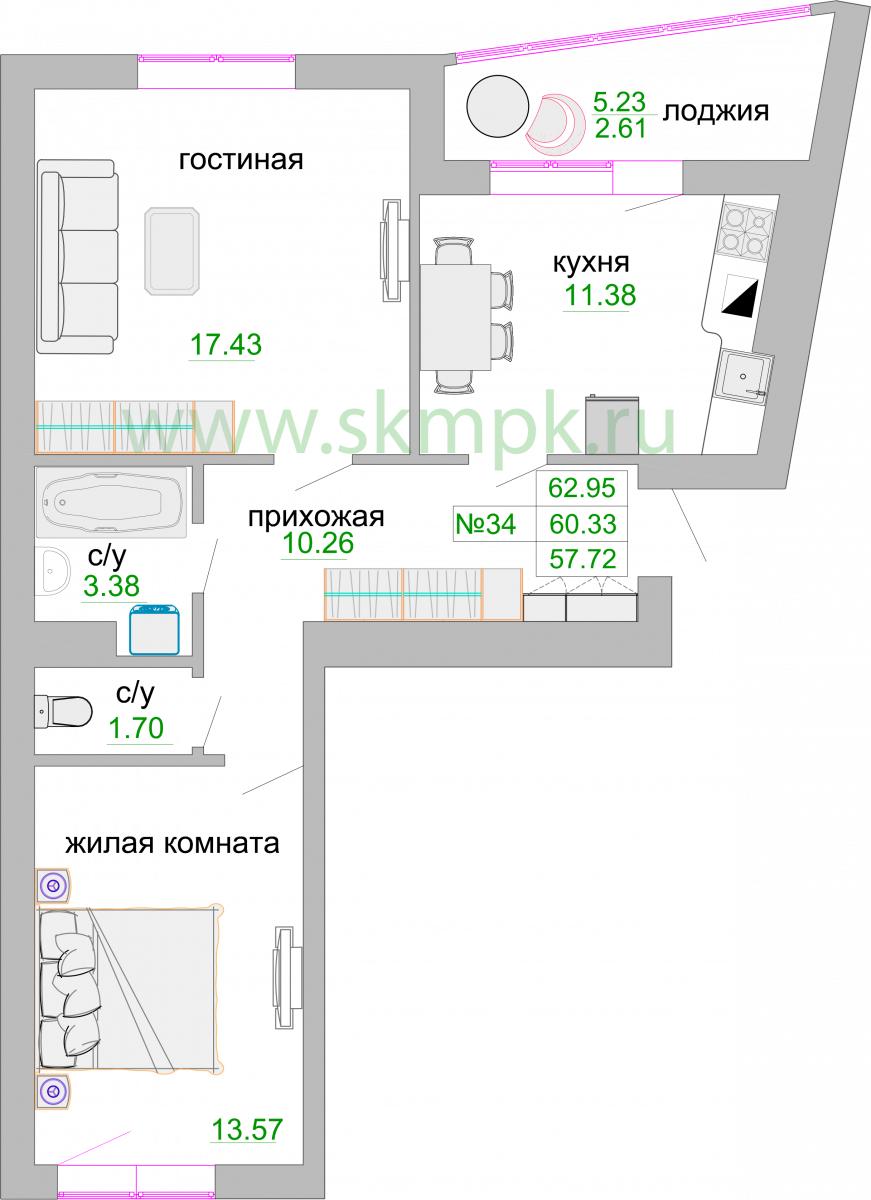 Квартира №291, 2-комнатная, 61.5 м², 9 этаж - планировка, ЖК «Венецианский квартал», дом 1