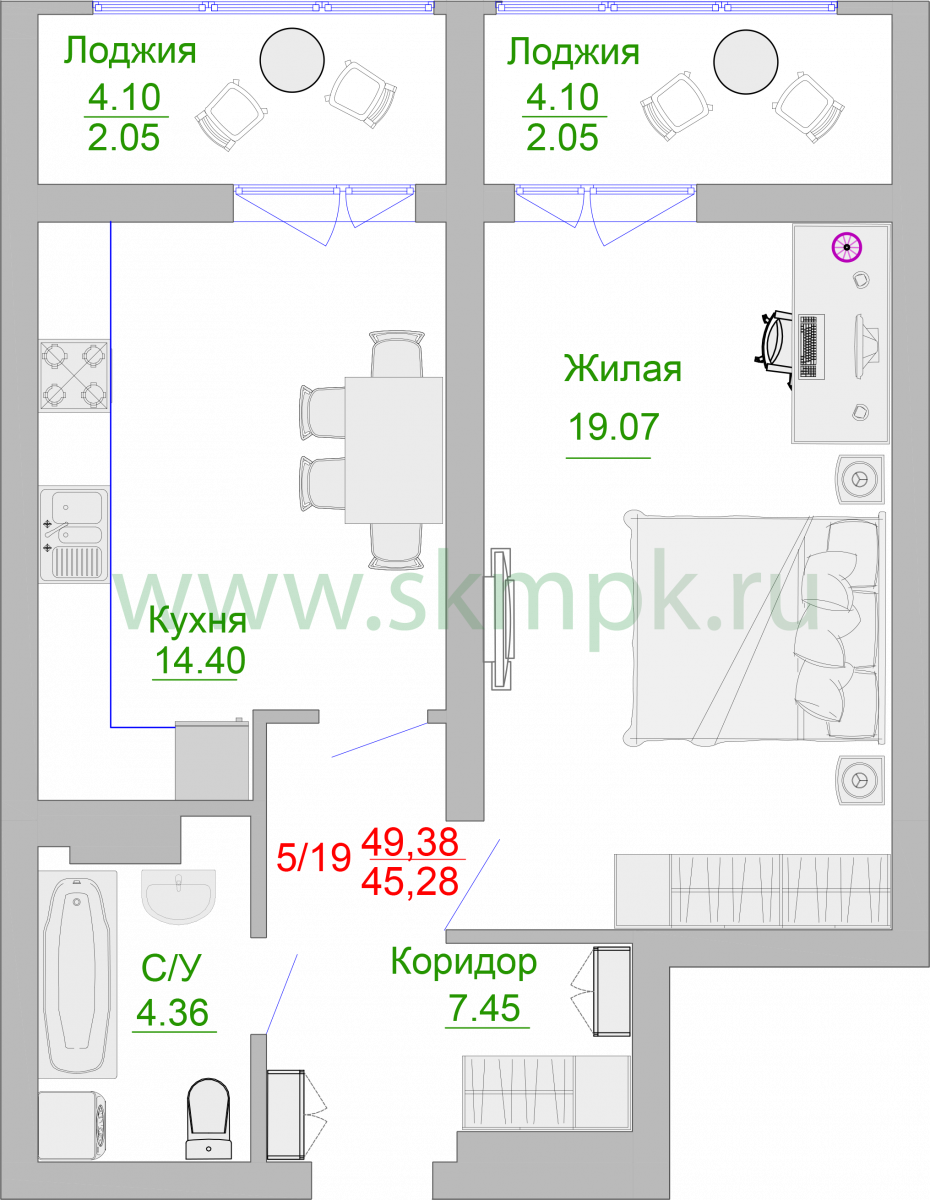 Апартаменты №5, 1-комнатная, 54.9 м², 1 этаж - планировка, Недвижимость у моря «Пионерский», 2 корпус