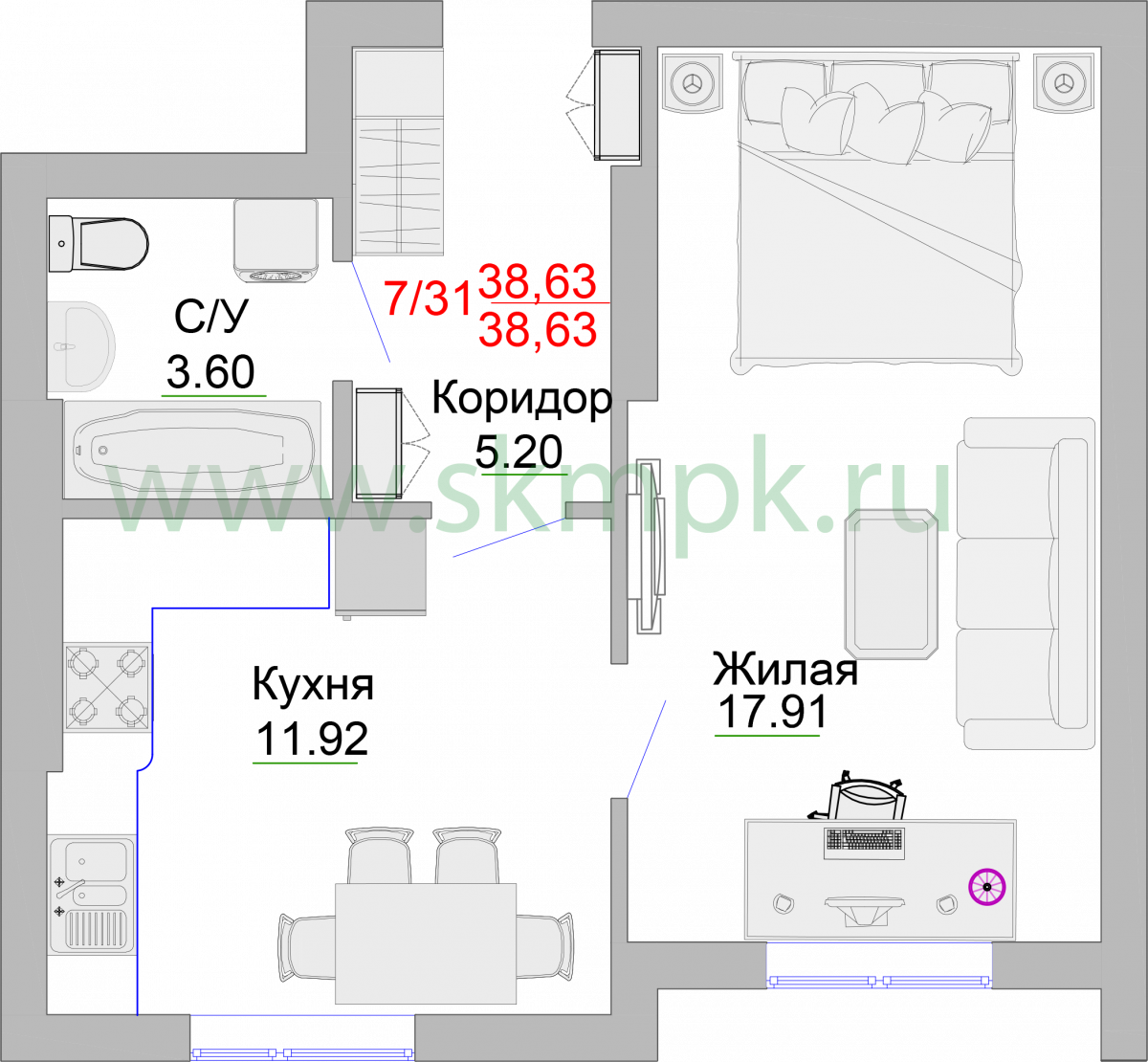 Апартаменты №7, 1-комнатная, 38.8 м², 2 этаж - планировка, Недвижимость у моря «Пионерский», 2 корпус