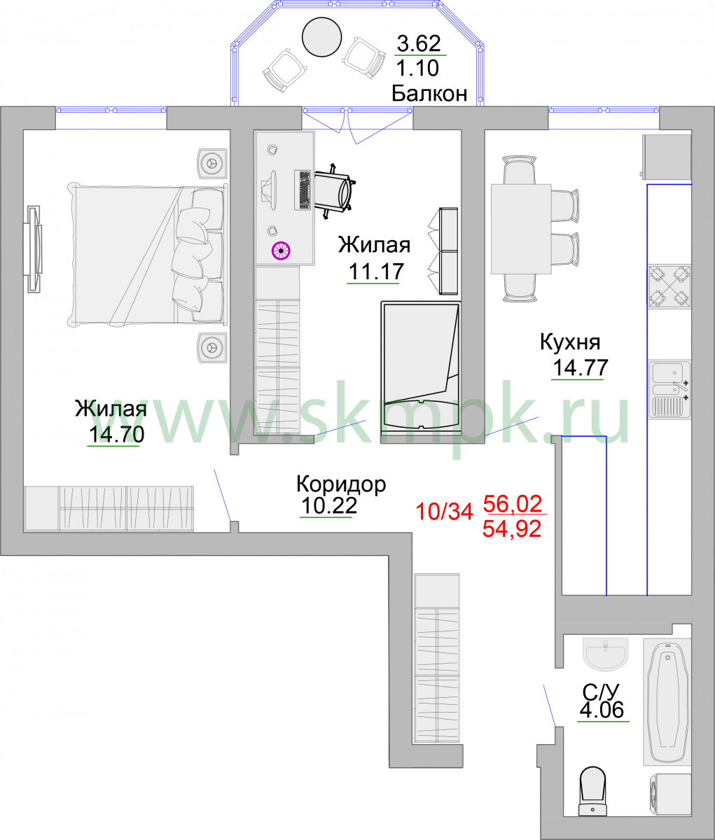 Апартаменты №10, 2-комнатная, 59.9 м², 2 этаж - планировка, Недвижимость у моря «Пионерский», 2 корпус