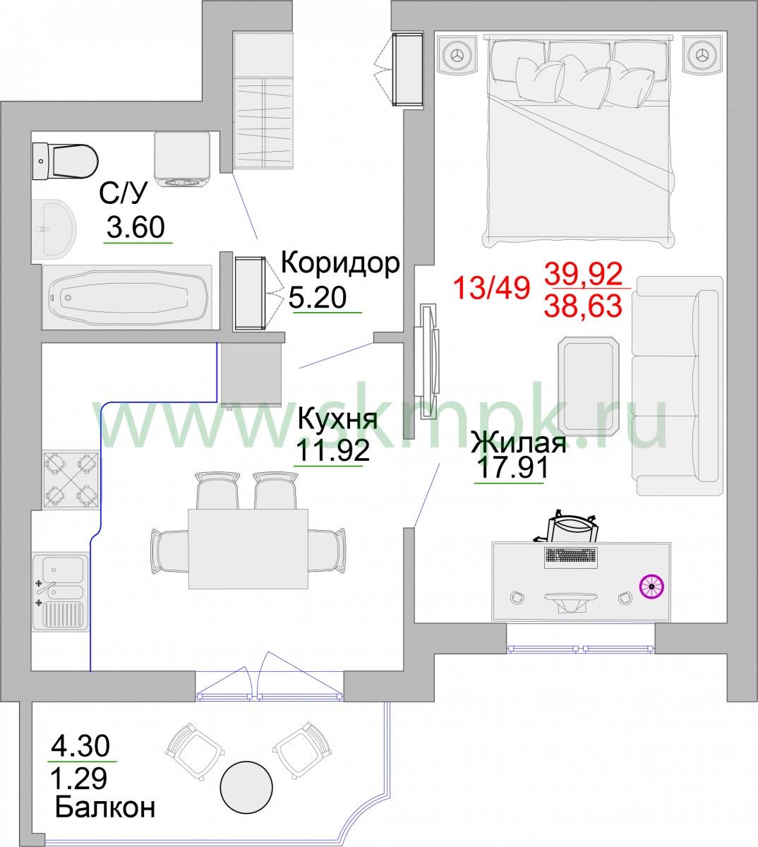 Апартаменты №13, 1-комнатная, 43.5 м², 3 этаж - планировка, Недвижимость у моря «Пионерский», 2 корпус