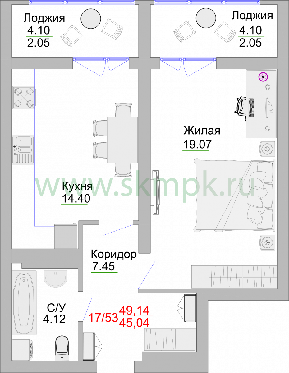 Апартаменты №17, 1-комнатная, 54.7 м², 3 этаж - планировка, Недвижимость у моря «Пионерский», 2 корпус
