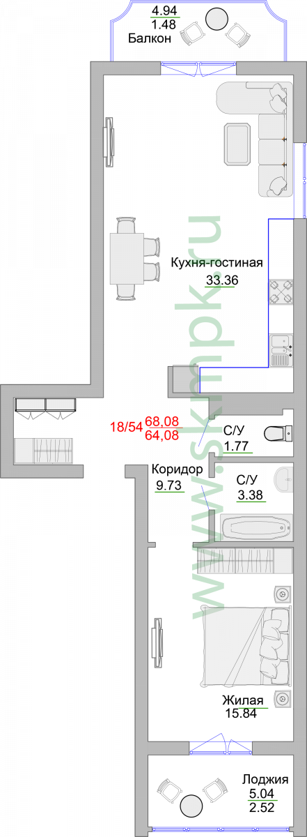 Апартаменты №18, 1-комнатная, 75.8 м², 3 этаж - планировка, Недвижимость у моря «Пионерский», 2 корпус