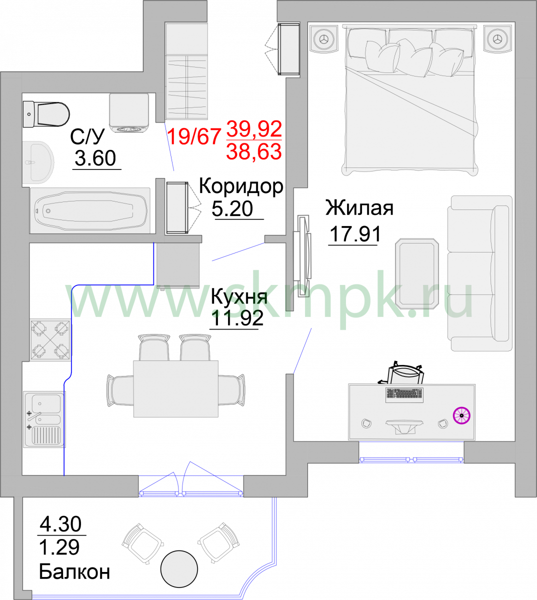 Апартаменты №19, 1-комнатная, 43.7 м², 4 этаж - планировка, Недвижимость у моря «Пионерский», 2 корпус