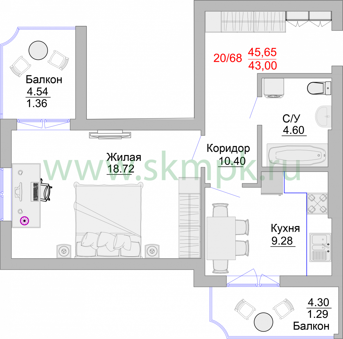 Апартаменты №20, 1-комнатная, 52.2 м², 4 этаж - планировка, Недвижимость у моря «Пионерский», 2 корпус