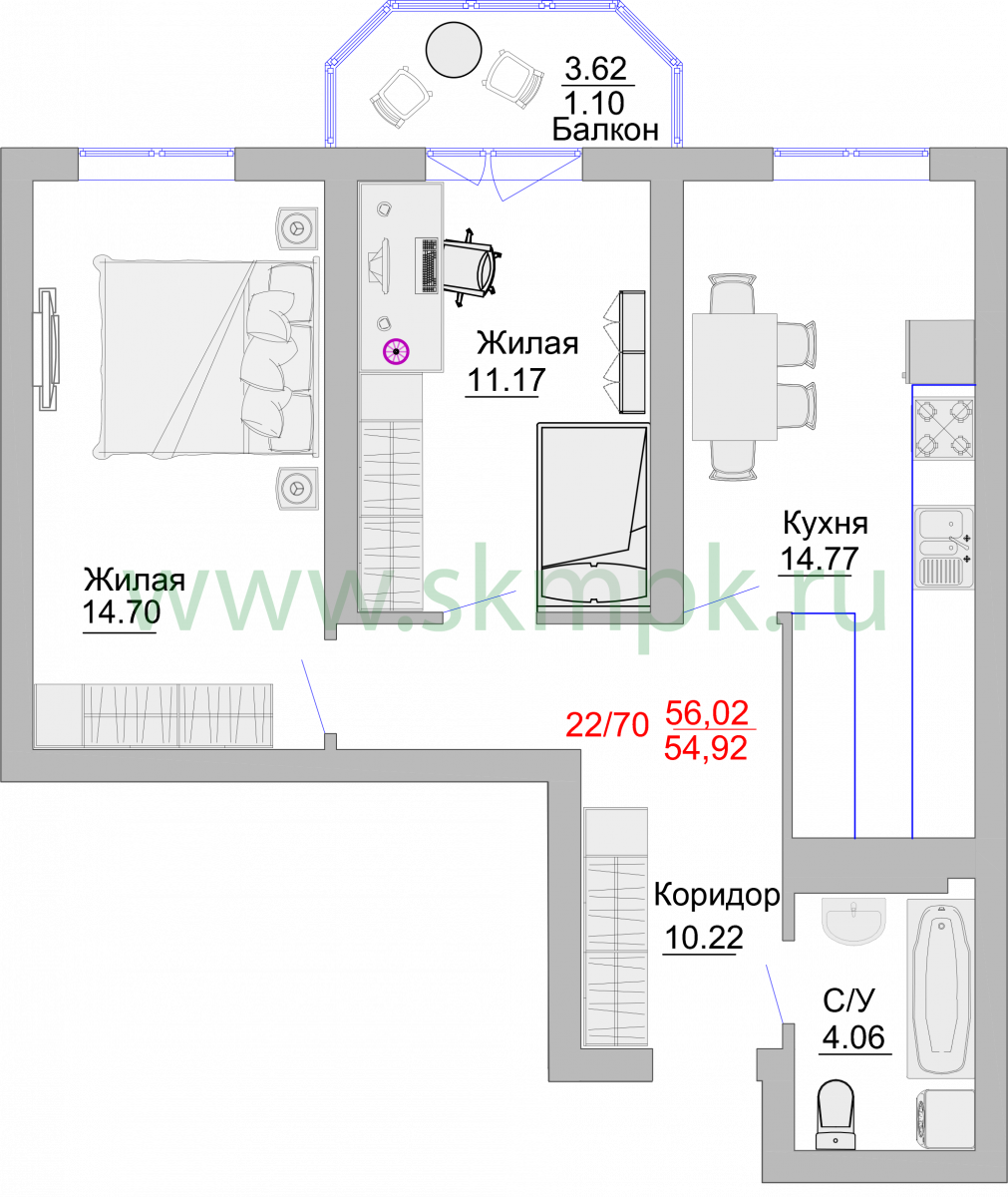 Апартаменты №22, 2-комнатная, 59.5 м², 4 этаж - планировка, Недвижимость у моря «Пионерский», 2 корпус