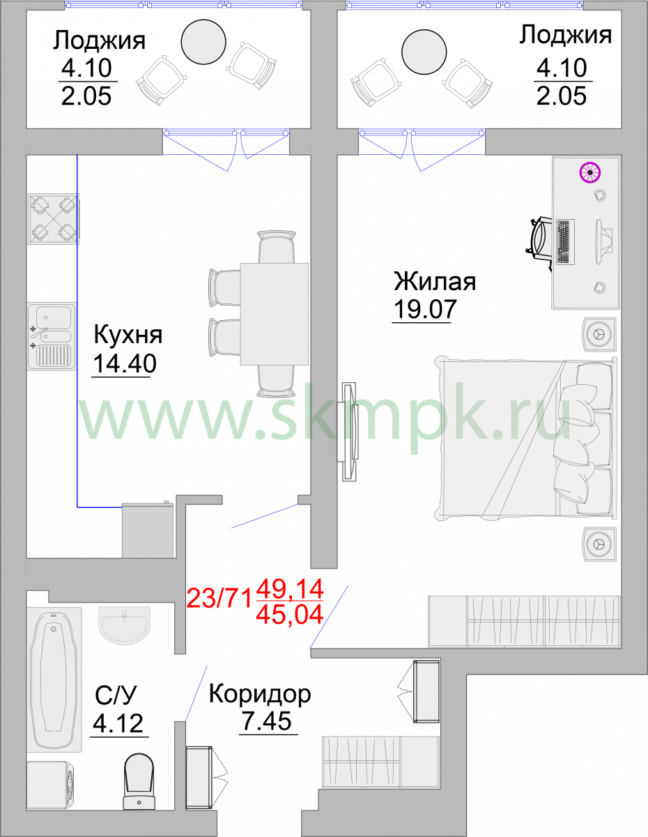 Апартаменты №23, 1-комнатная, 54.9 м², 4 этаж - планировка, Недвижимость у моря «Пионерский», 2 корпус