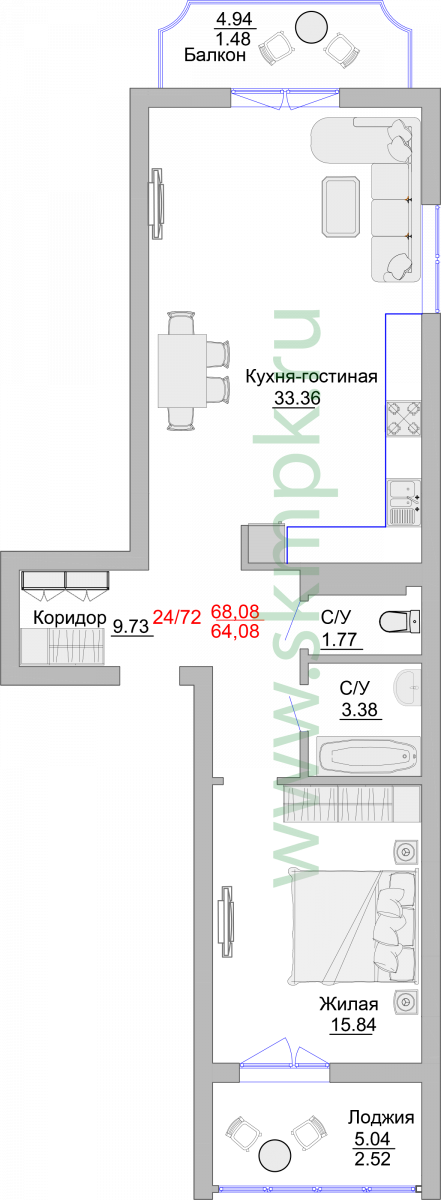 Апартаменты №24, 1-комнатная, 76.1 м², 4 этаж - планировка, Недвижимость у моря «Пионерский», 2 корпус