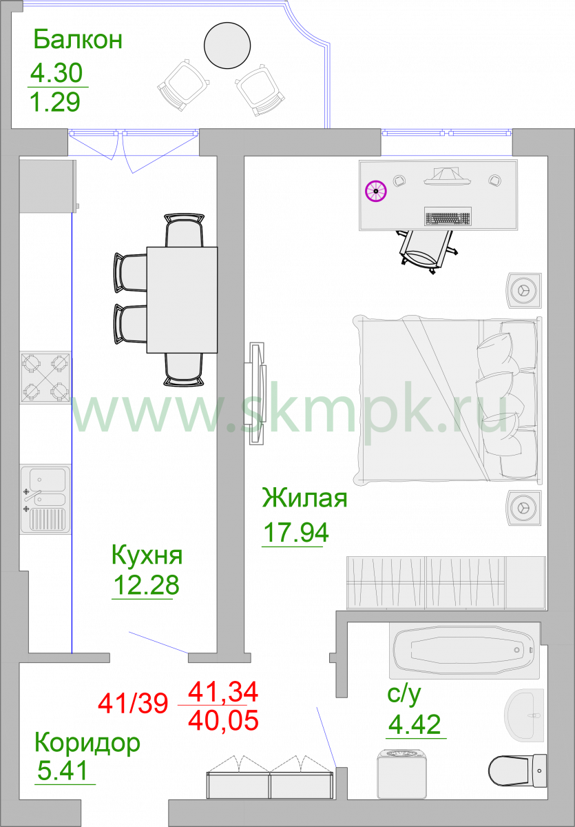 Апартаменты №41, 1-комнатная, 45.4 м², 2 этаж - планировка, Недвижимость у моря «Пионерский», 2 корпус