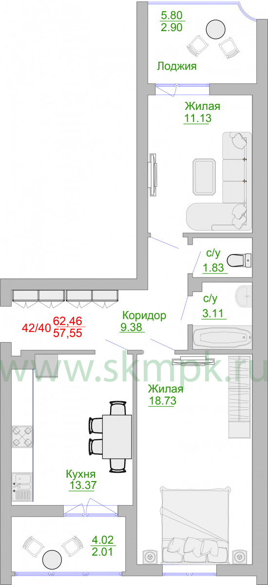 Апартаменты №42, 2-комнатная, 66.7 м², 2 этаж - планировка, Недвижимость у моря «Пионерский», 2 корпус