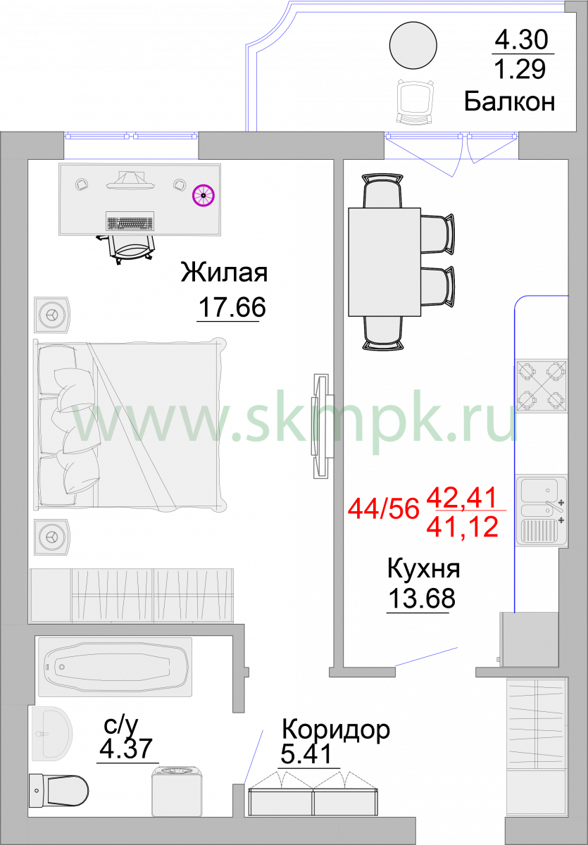 Апартаменты №44, 1-комнатная, 46.1 м², 3 этаж - планировка, Недвижимость у моря «Пионерский», 2 корпус