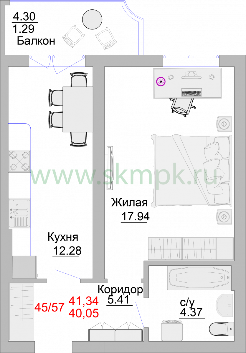 Апартаменты №45, 1-комнатная, 45.2 м², 3 этаж - планировка, Недвижимость у моря «Пионерский», 2 корпус