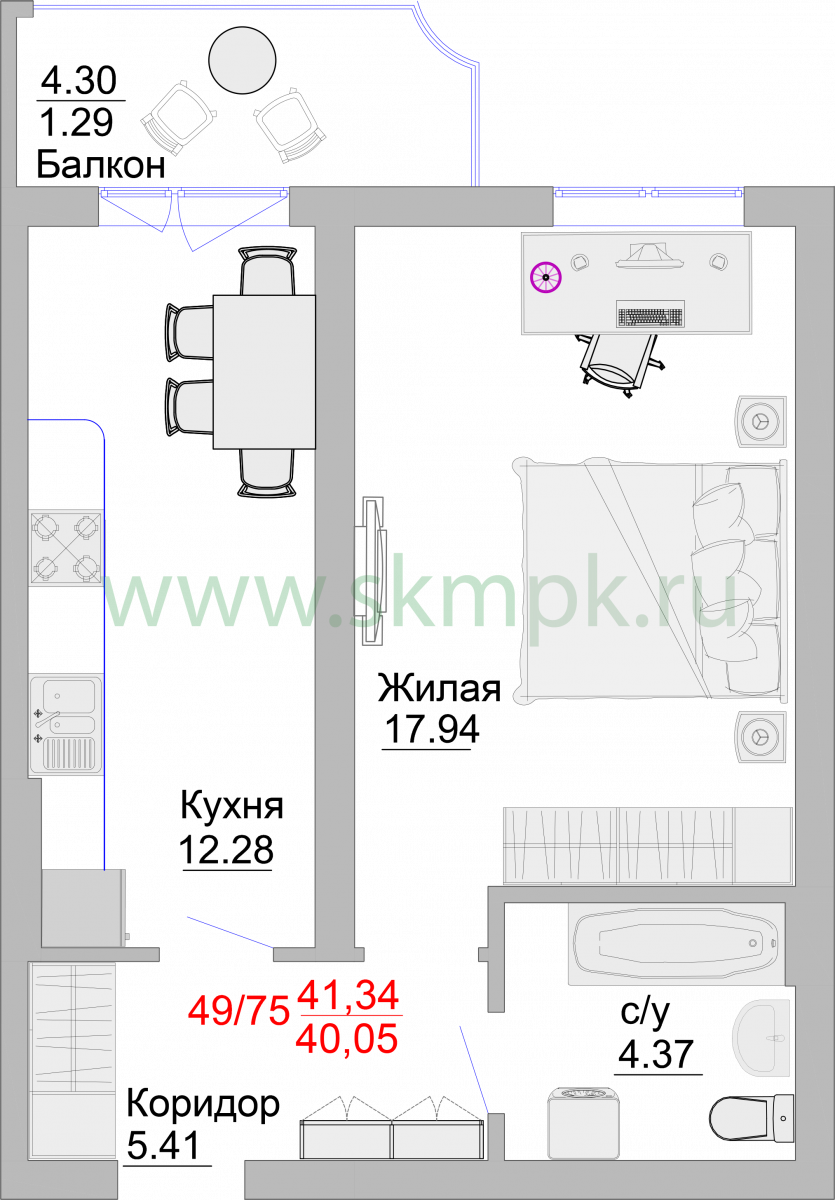 Апартаменты №49, 1-комнатная, 45.4 м², 4 этаж - планировка, Недвижимость у моря «Пионерский», 2 корпус
