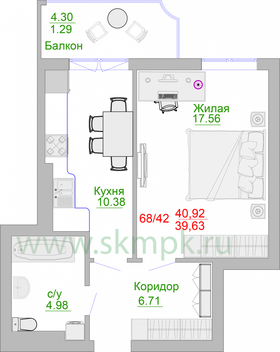 Апартаменты №64, 1-комнатная, 45 м², 2 этаж - планировка, Недвижимость у моря «Пионерский», 2 корпус