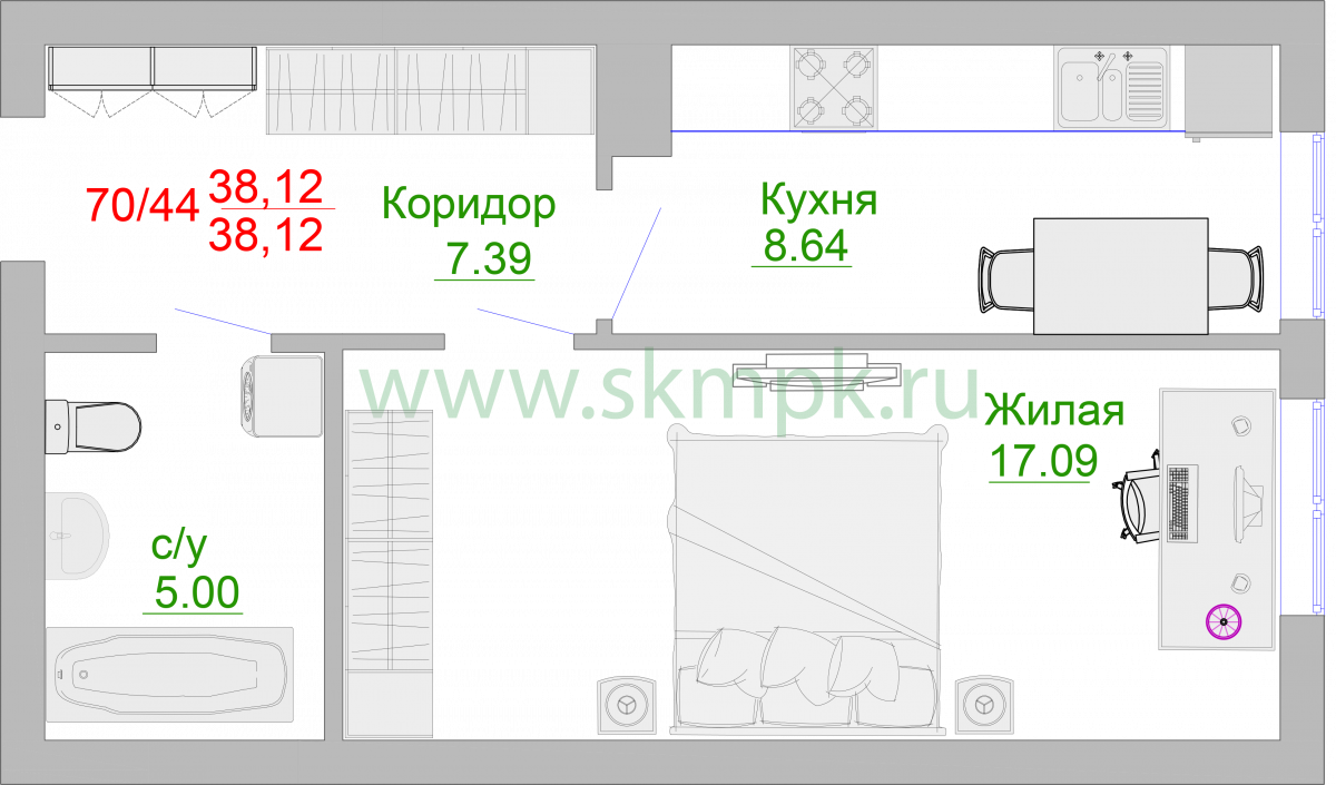Апартаменты №66, 1-комнатная, 38.8 м², 2 этаж - планировка, Недвижимость у моря «Пионерский», 2 корпус