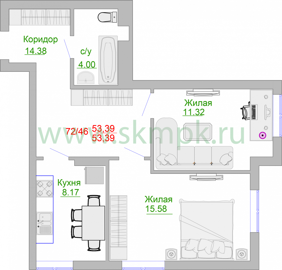 Апартаменты №68, 2-комнатная, 54.1 м², 2 этаж - планировка, Недвижимость у моря «Пионерский», 2 корпус