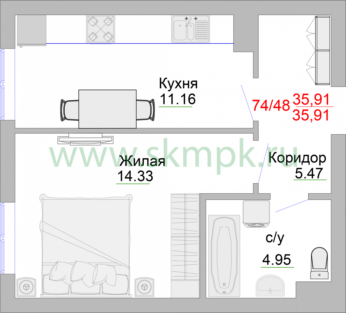 Апартаменты №70, 1-комнатная, 36.4 м², 2 этаж - планировка, Недвижимость у моря «Пионерский», 2 корпус