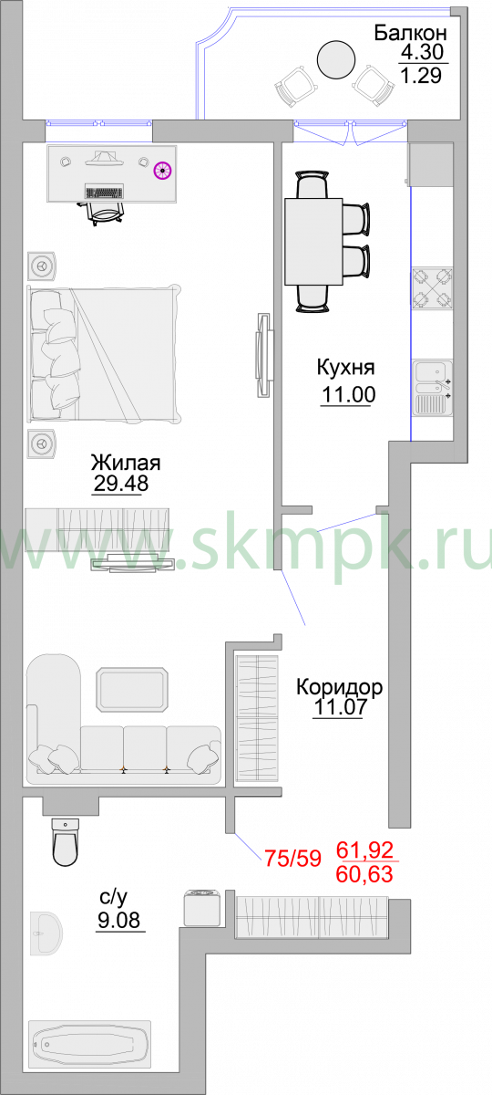 Апартаменты №71, 1-комнатная, 65.8 м², 3 этаж - планировка, Недвижимость у моря «Пионерский», 2 корпус