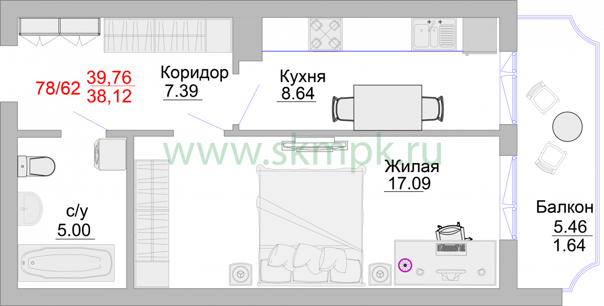 Апартаменты №74, 1-комнатная, 44.9 м², 3 этаж - планировка, Недвижимость у моря «Пионерский», 2 корпус