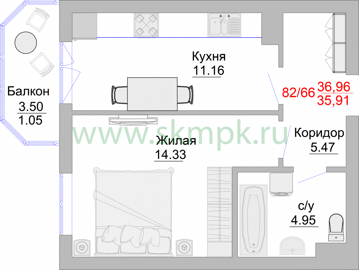 Апартаменты №78, 1-комнатная, 41 м², 3 этаж - планировка, Недвижимость у моря «Пионерский», 2 корпус