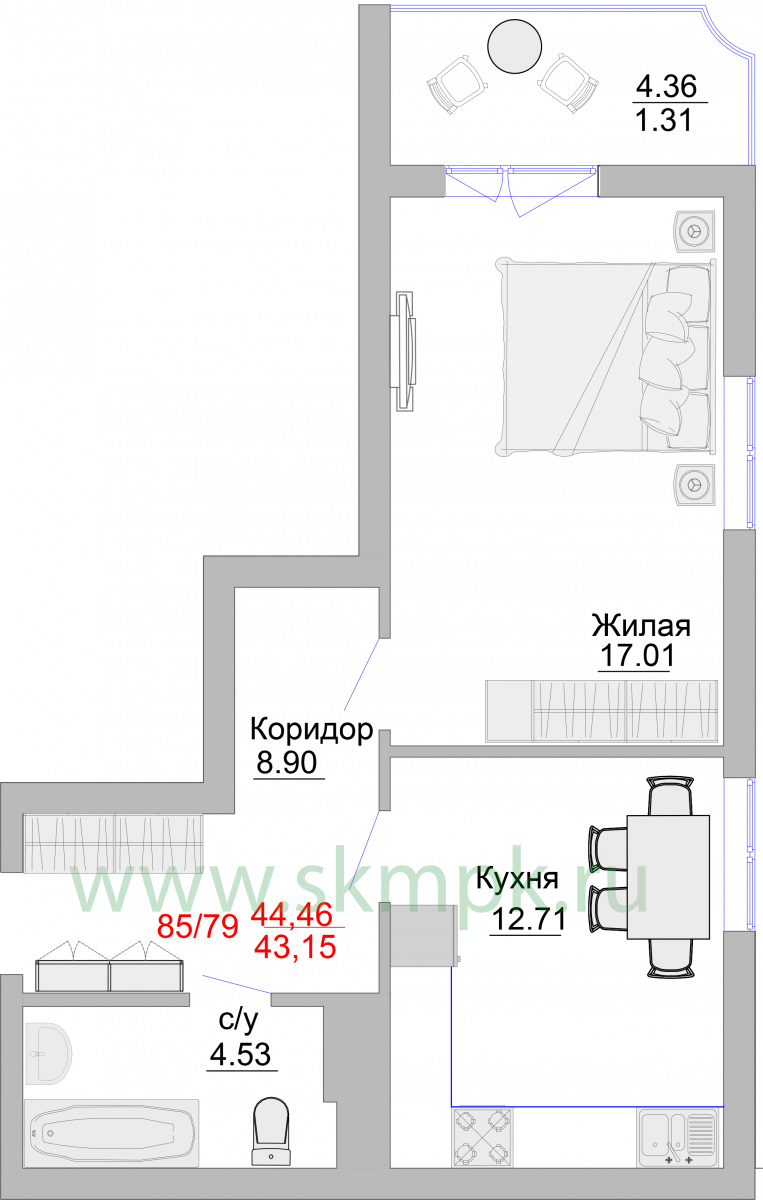 Апартаменты №81, 1-комнатная, 48 м², 4 этаж - планировка, Недвижимость у моря «Пионерский», 2 корпус