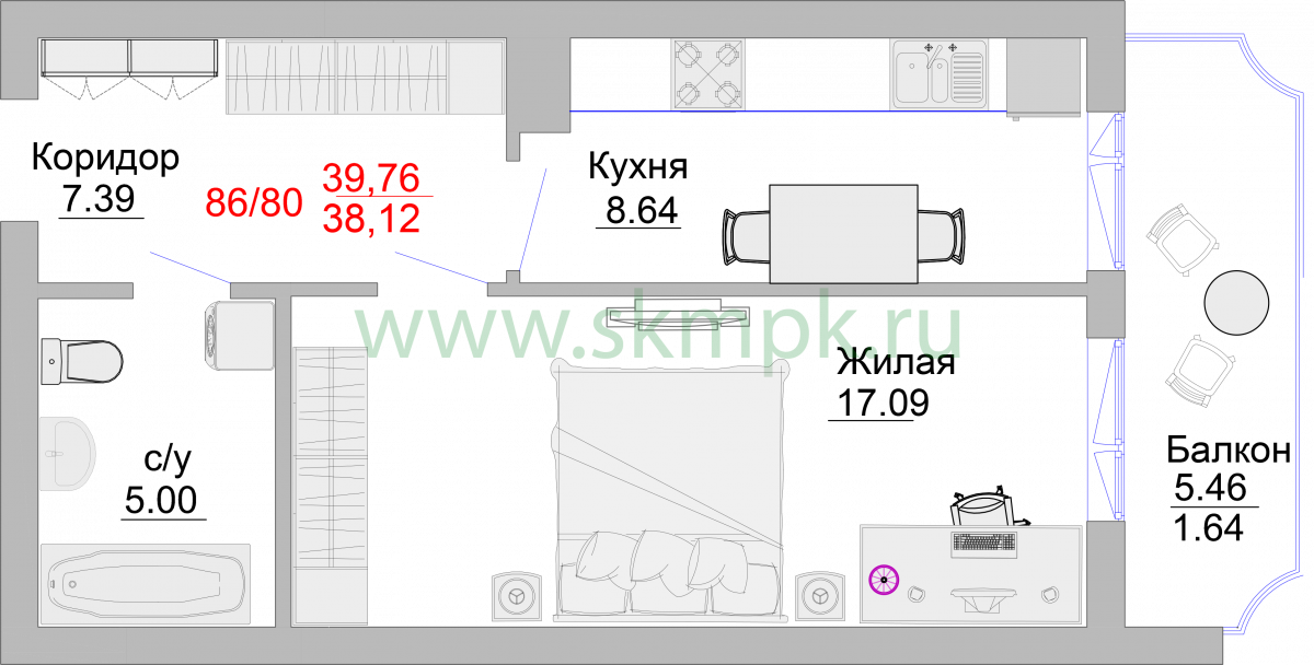 1 комнатные апартаменты 44.7 м, Пионерский, 2 корпус / 4 этаж, г. Пионерский - фото 1