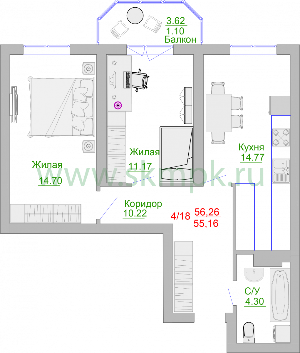 Апартаменты №4, 2-комнатная, 59.9 м², 1 этаж - планировка, Недвижимость у моря «Пионерский», 2 корпус