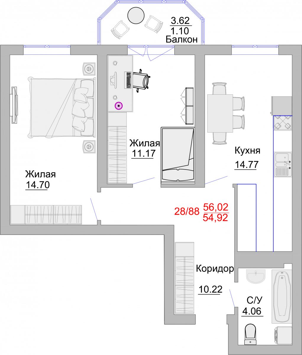 Апартаменты №28, 2-комнатная, 59.8 м², 5 этаж - планировка, Недвижимость у моря «Пионерский», 2 корпус