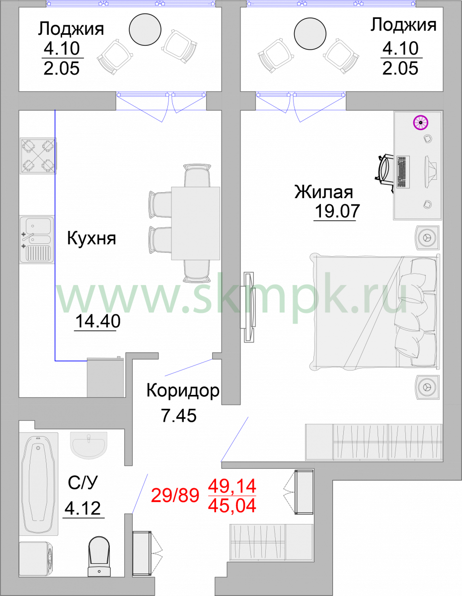 Апартаменты №29, 1-комнатная, 54.8 м², 5 этаж - планировка, Недвижимость у моря «Пионерский», 2 корпус