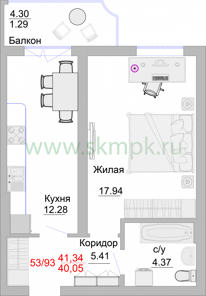 Апартаменты №53, 1-комнатная, 45.6 м², 5 этаж - планировка, Недвижимость у моря «Пионерский», 2 корпус