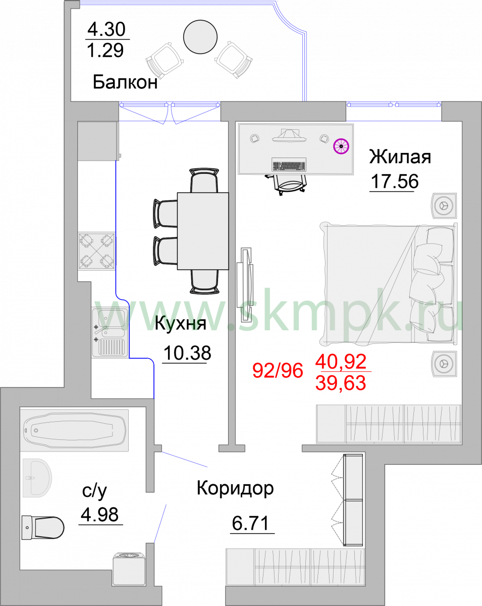 Апартаменты №88, 1-комнатная, 44.9 м², 5 этаж - планировка, Недвижимость у моря «Пионерский», 2 корпус