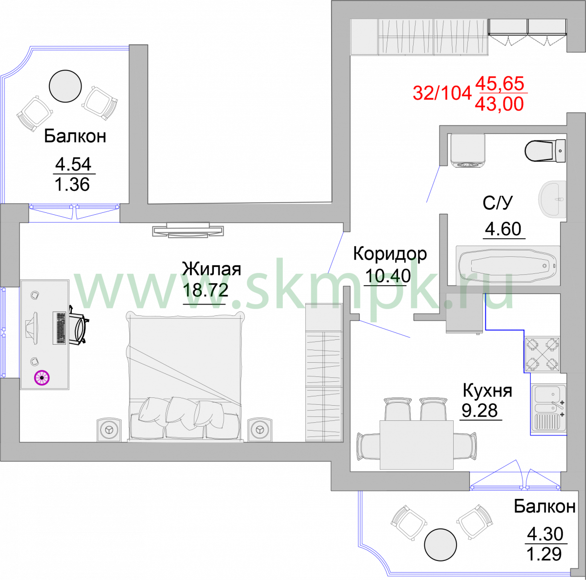 Апартаменты №32, 1-комнатная, 52.2 м², 6 этаж - планировка, Недвижимость у моря «Пионерский», 2 корпус