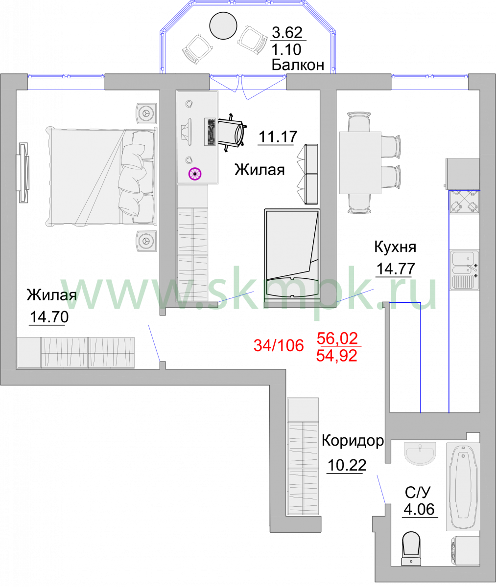 Апартаменты №34, 2-комнатная, 59.7 м², 6 этаж - планировка, Недвижимость у моря «Пионерский», 2 корпус